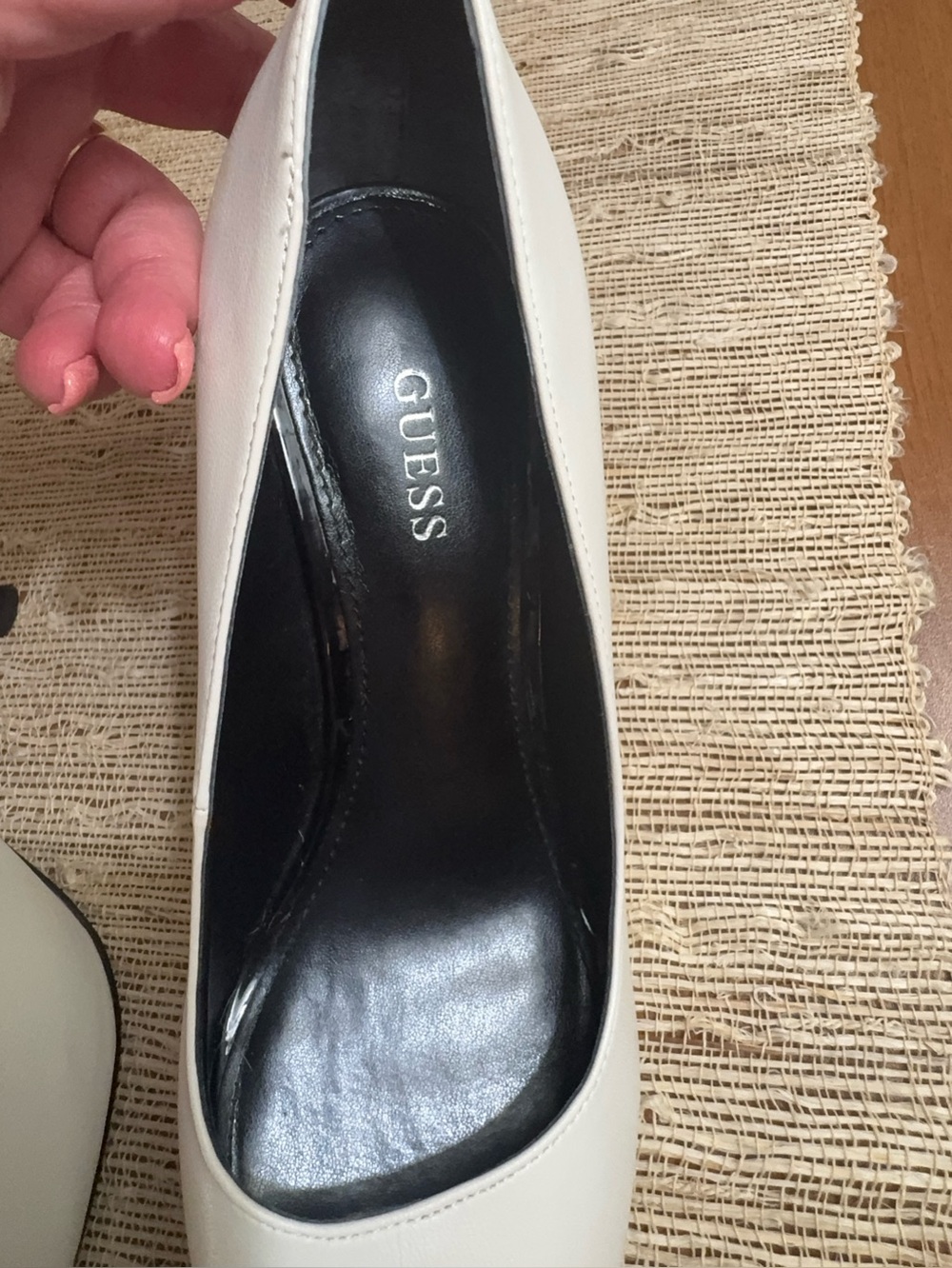 GUESS Peep Toe Stiletto Heels White with Black Patent Heels and Toe Points Sz 8 - Picture 12 of 16